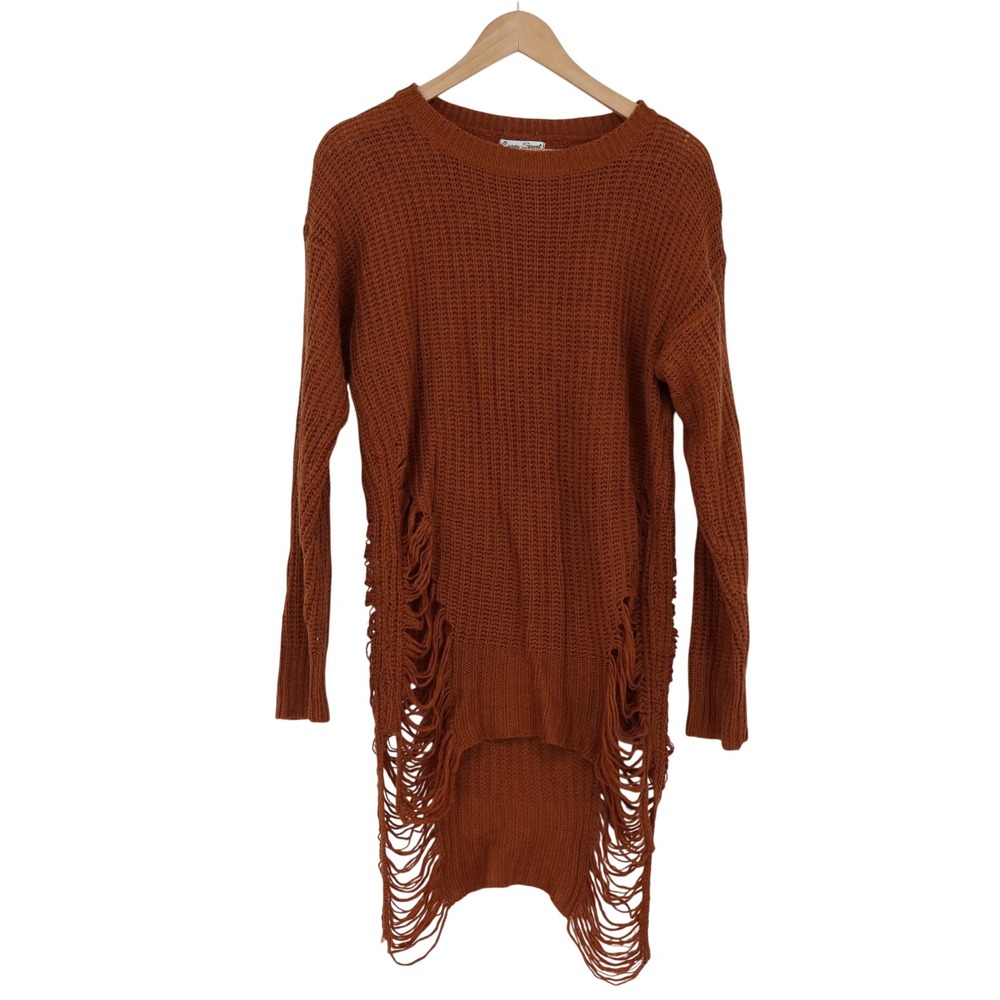 Caren Sport Sweater Womens 1X Distressed Tunic Rust Orange Shredded Excellent